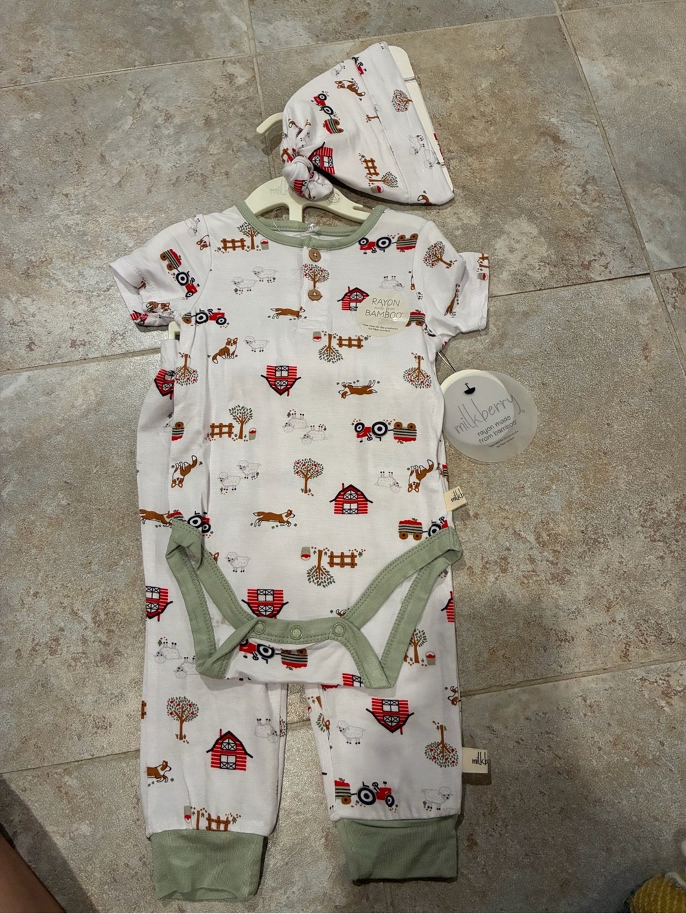 Milkberry Three Piece Set Bamboo Bodysuit Hat Pants Farm Dog Tractor